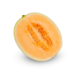 Sunlady half cantaloupe melon isolated on white background.