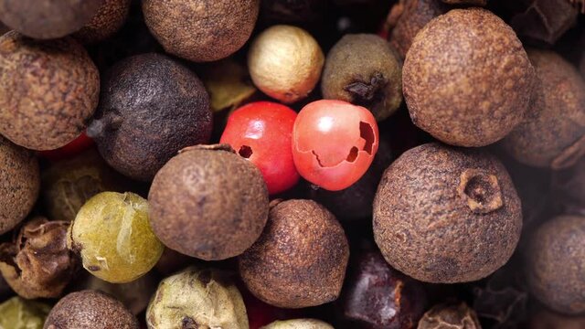 Macro pepper berries. Black, red, white and allspice peppercorns. 