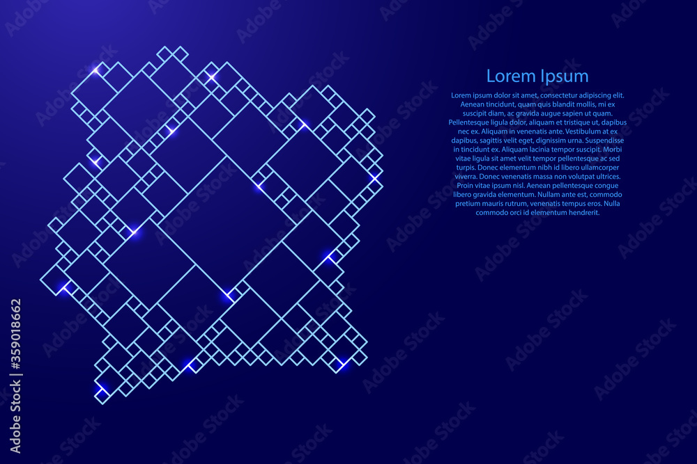 Poster ivory coast map from blue pattern from a grid of squares of different sizes and glowing space stars.