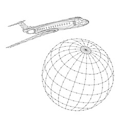 Airplane is flying around the globe from abstract futuristic polygonal black lines and dots. Vector illustration.