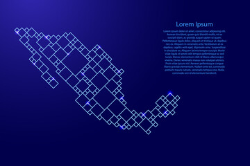 Bahrain map from blue pattern from a grid of squares of different sizes and glowing space stars. Vector illustration.