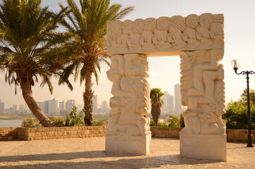 The Gate of Faith sculpture at the top of Old Jaffa hill in Abrasha park. Israel.  - view of...