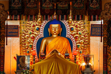 Gilded statue of Sakyamuni Buddha in Tsuglagkhang temple. McLeod Ganj, Himachal Pradesh, India