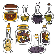 Vector collection of witch potions, creatures. Set of witchcraft bottles. Halloween set. 
