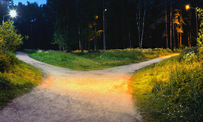 One alley in the park at night is divided into two hiking trails, diverging in different directions, illuminated by electric lights