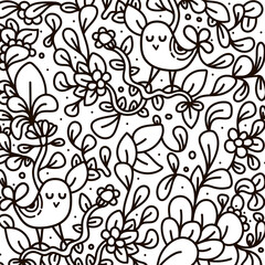 Background in the style of doodling. Black-white flowers and birds.