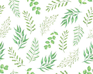 Seamless watercolor green leaves pattern