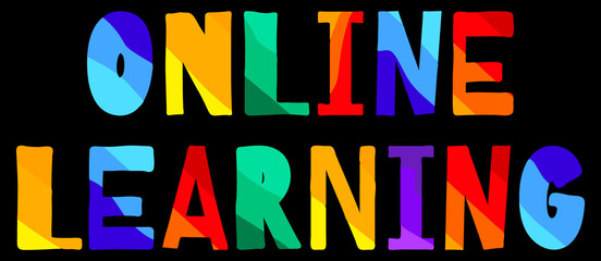 Online Learning. Multicolored bright funny cartoon isolated inscription. Colorful doodle letters on black. Distance Online Learning for web, advertising, print, booklet, banner, flyer. Stock picture.