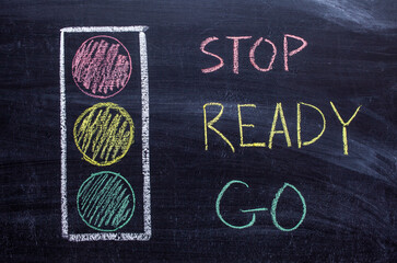 Drawing of a traffic light on a chalk Board. Text STOP, READY, GO