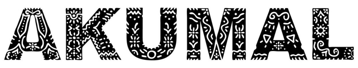 Akumal. Black on white isolated inscription with national ethnic ornament. Patterned Mexican Akumal for print on clothing, t-shirt, souvenir, booklet, poster, banner, card. Stock vector picture.