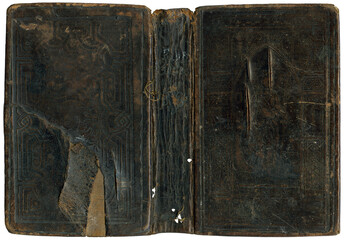 Antique open book with damaged decorated leather cover, circa 1880
