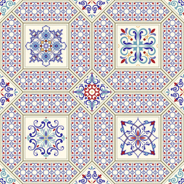 Vintage seamless pattern in Portugal style. Azulejo.Seamless patchwork tile in blue and white colors. Endless pattern can be used for ceramic tile, wallpaper, linoleum, textile, web page background