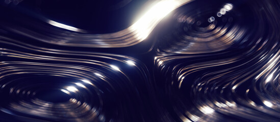 3d render of swirly reflective metal wire, Dark Blue color, shallow depth of field, panoramic