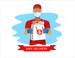 Safe delivery. A courier in a medical mask delivers orders. Logistics and safe delivery concept. Delivery home and office. Suitable for web landing page, ui, banner. Vector.