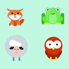 set of funny cartoon animals vector illustration flat design fox, frog, sheep, owl bird