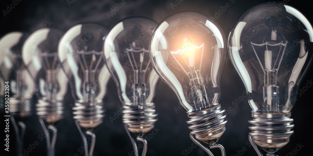 Poster row of light bulb with a one glowing. idea and innovation concept.