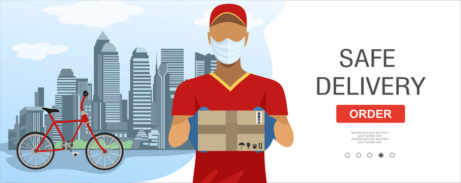 Safe delivery. A courier in a medical mask delivers orders on bicycle. Logistics and safe delivery concept. Delivery home and office. City logistics. Suitable for web landing page, ui, banner. Vector.