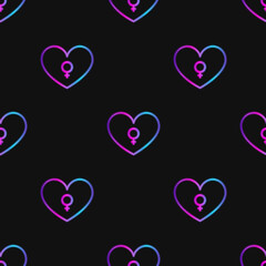 Seamless pattern with neon heart with woman symbol on black background. Violet, pink and blue gradient. Stock illustrtaion for web, print, holiday cards and invitations, wallpaper