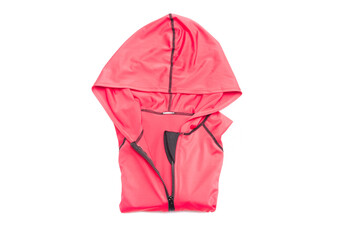 Folded red zipper windbreaker jacket, UV sun proof outdoor jacket hoodie. Track jacket sport hoodie full zip isolated on white background. Folded clothes.