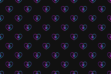 Seamless pattern with neon heart with lesbianism symbol on black background. Violet, pink and blue gradient. Stock illustrtaion for web, print, holiday cards and invitations, wallpaper
