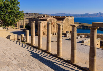 Sightseeing of Rhodes island. Ruins of ancient temple in Lindos, Rhodes island, Greece.