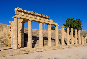 Sightseeing of Rhodes island. Ruins of ancient temple in Lindos, Rhodes island, Greece.