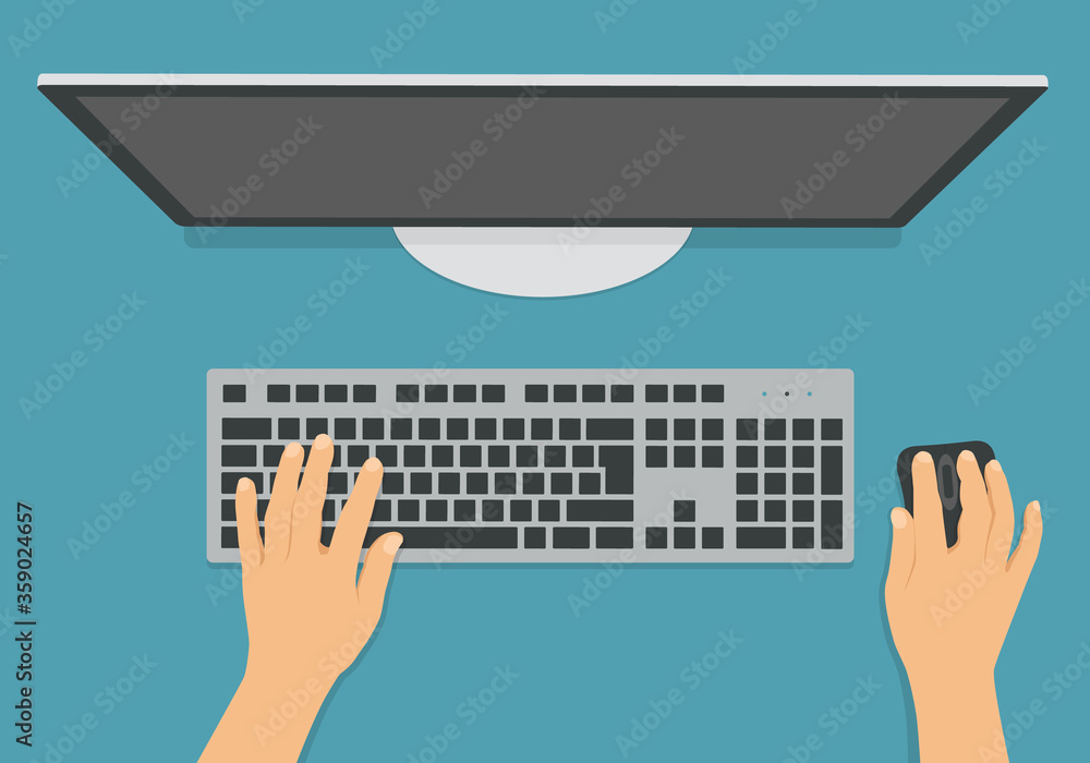Poster flat design illustration of computer keyboard, mouse and monitor in office on desk. hands writing te