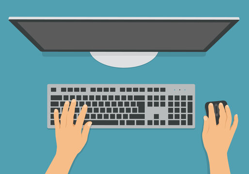 Flat design illustration of computer keyboard, mouse and monitor in office on desk. Hands writing text, vector