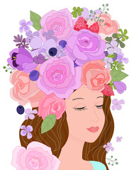 portrait of romantic girl with lilac roses, summer forest berrie