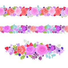 Fototapeta na wymiar collection of horizontal seamless borders with lilac roses, summ
