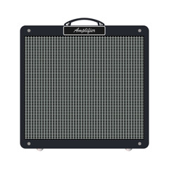 Isolated vintage electric guitar amplifier, equipment for musician flat logo or icon style, print for tee-shirt and graphic design, Musical sales business. vector and illustration.