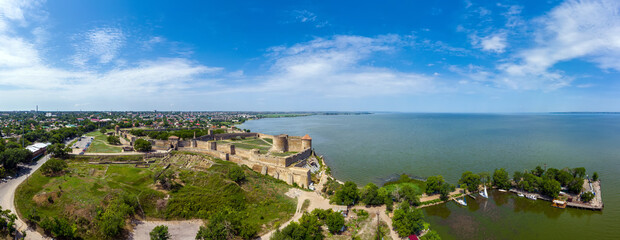 Bilhorod-Dnistrovskyi castle or Akkerman fortress in Ukraine aerial panorama view.