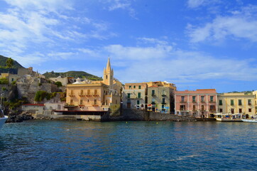 Fototapeta na wymiar Lipari, Sicily. Aeolian island. - view from boat. Chiesa di San Giusepp