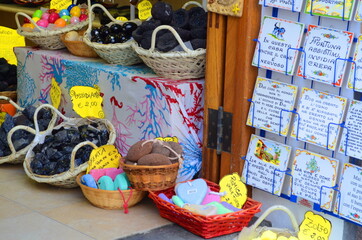 Volcano. Aeolian Islands. Sicily. Italy. October 11, 2019 - baskets with volcanic stones -...
