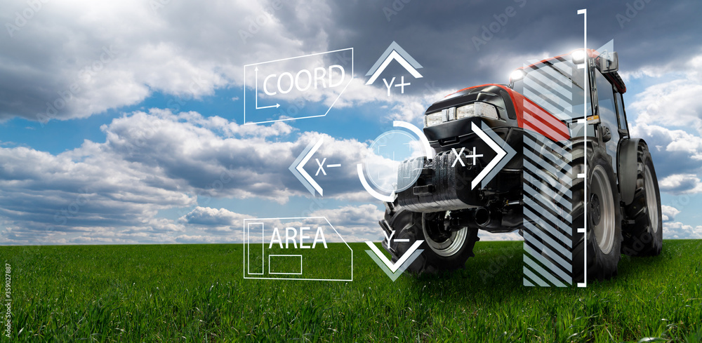 Aufkleber autonomous remote controlled agricultural tractor on the field. digital transformation in agricultur