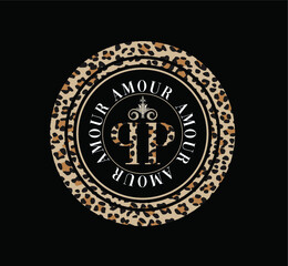 Circle graphic with leopard pattern and symbols for t-shirt print and design.