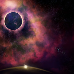 Planet with corona in colorful space background