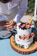Layered wedding cake on the table. Delicate white cream, fruit and berry decoration.