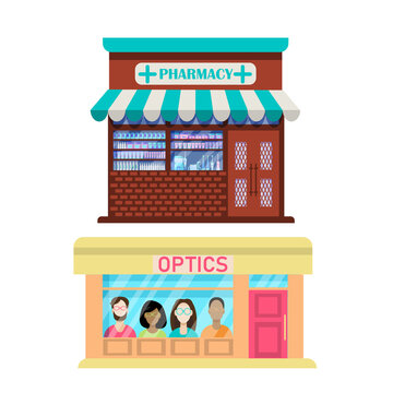 Exterior facades of stone buildings.The facades of the shops. Pharmacy and optics isolated on a white background.Vector illustration in flat style