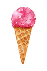 Bright pink ice cream in a waffle cone isolated on white background. Watercolor hand-drawn illustration. 
Perfect for your project, cards, prints, covers, menu, patterns.