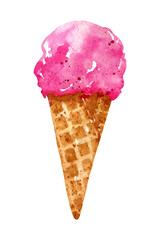 Bright pink ice cream in a waffle cone isolated on white background. Watercolor hand-drawn illustration. 
Perfect for your project, cards, prints, covers, menu, patterns.