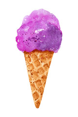 Bright purple ice cream in a waffle cone isolated on white background. Watercolor hand-drawn illustration. 
Perfect for your project, cards, prints, covers, menu, patterns.