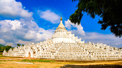 It's Hsinbyume Pagoda (Myatheindan), a large pagoda on the northern side of Mingun, Sagaing Region in Myanmar, the western bank of the Irrawaddy River