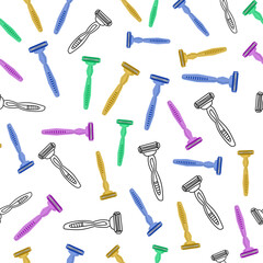 Pattern of multicolored razors. The vector background is drawn in a cartoon style. Seamless pattern of women's and men's razors. Vector illustration in flat style. For design and decoration