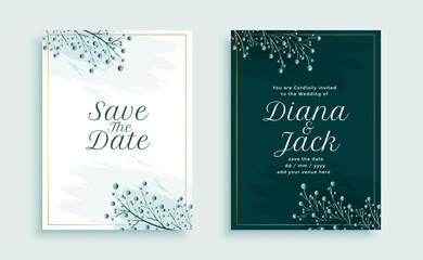 nature style wedding invitation template design with leaves decoration