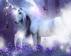 Fototapeta na wymiar White unicorn with purple forest and flowers