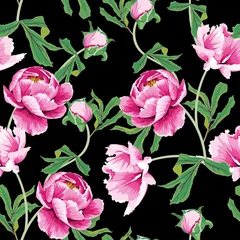 Gardinen Vintage Blumen Seamless background with pink peony flowers. Traditional Chinese ink painting illustration. Black background.  © Виктор Фесюк
