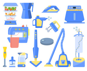 Fototapeta na wymiar Collection of household and kitchen appliances for a comfortable home. Equipment for cleaning and cooking food is isolated. Steamer, vacuum, iron, mixer, blender. Vector illustration in flat style.