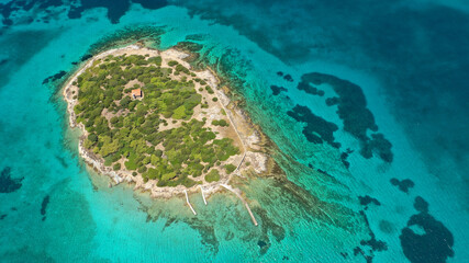 Aerial drone photo of beautiful paradise island complex in gulf of of Petalioi or Petalion that form a blue lagoon with sandy turquoise beaches, South Evoia island near Marmari, Greece