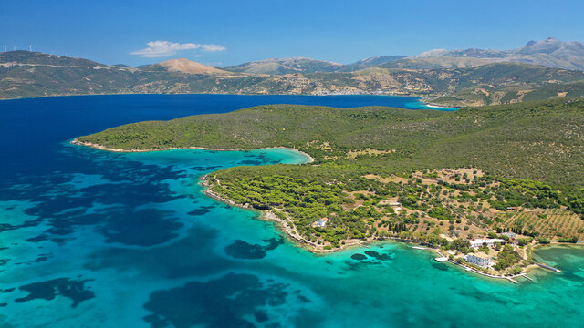 Aerial drone photo of beautiful paradise island complex in gulf of of Petalioi or Petalion that form a blue lagoon with sandy turquoise beaches, South Evoia island near Marmari, Greece